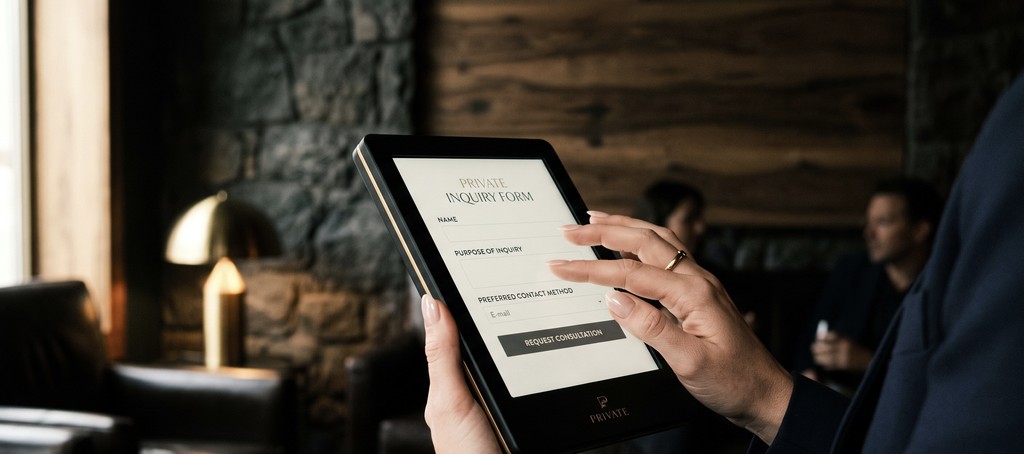 Hands holding a tablet showing a private inquiry form